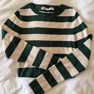 Zara Forest Green and Cream Striped Crop Top